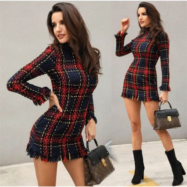 

autumn winter women elegant vintage casual long sleeve sheath dress female colorful plaid print tassels bodycon mini dress y200418, Black;gray
