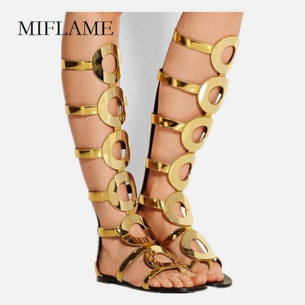 

women flat sandals summer golden circle decoration mid calf sandals boots mujer hollow out rome irregular fanshion, Black