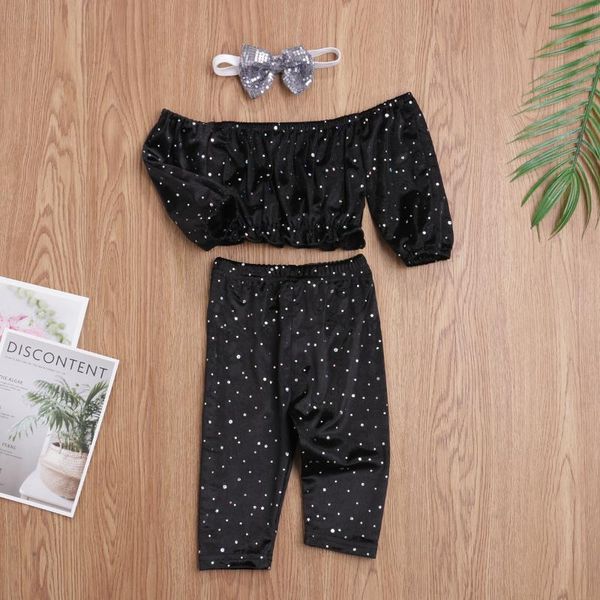 

toddler baby girls sequin clothes off-shoulder long pants casual outfits set, White