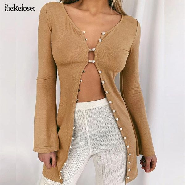 

deep v neck solid women blouse shirts elegant long sleeve pullover autumn lady hollow out slim single breasted blouse, White