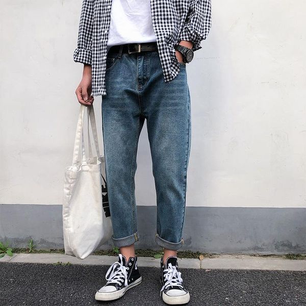 

spring autumn 2020 fashion teenagers street wild men's jeans bf hong kong trend brand loose straight thin old long pants men, Blue