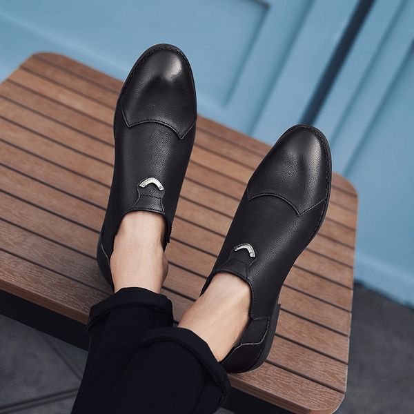 

man leather business shoes casual dress shoes round toe black color breathable loafer leather shoes