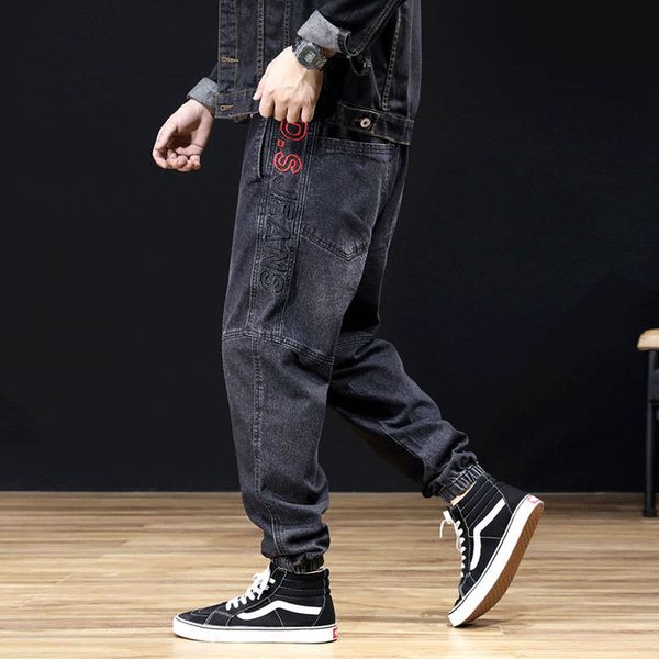 

2021 new fashion streetwear loose fit spliced cargo embroidery japanese vintage designer hip hop jeans men harem pants ksbh, Blue