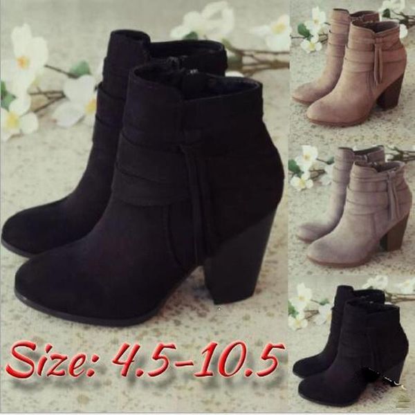 

women ankle boots high heels british pumps vintage winter autumn warm matin shoes plus size booties woman mujer zapatos d2113, Black