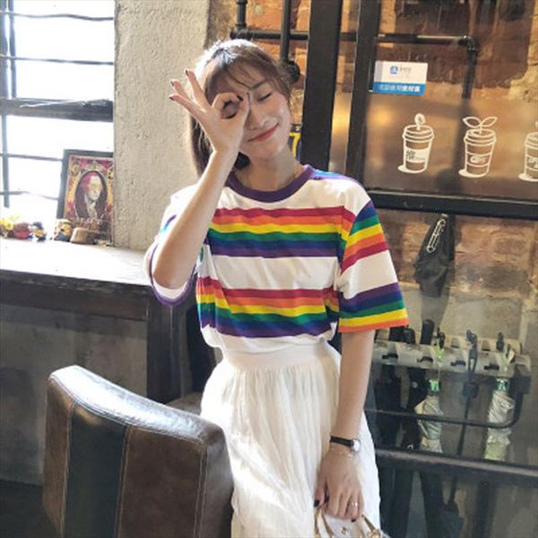 

2021 t shirt women summer new fashion korean version rainbow color stripes casual loose wild half sleeved t shirt female, White