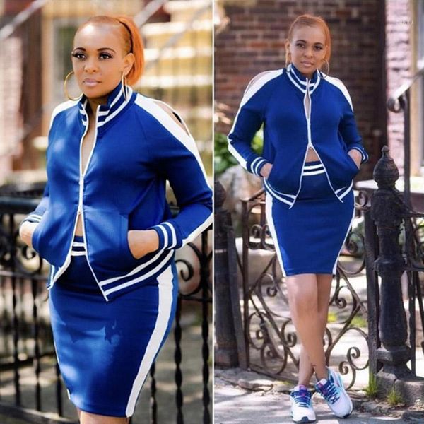 

casual women skirt set side striped color patchwork two pieces set crop jacket coat + skirt autumn winter cloth for femme1, White