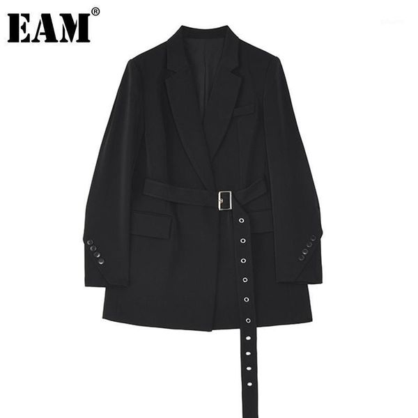 

eam] women black bandage temperament blazer new lapel long sleeve loose fit jacket fashion tide spring autumn 2021 1da1941, White;black