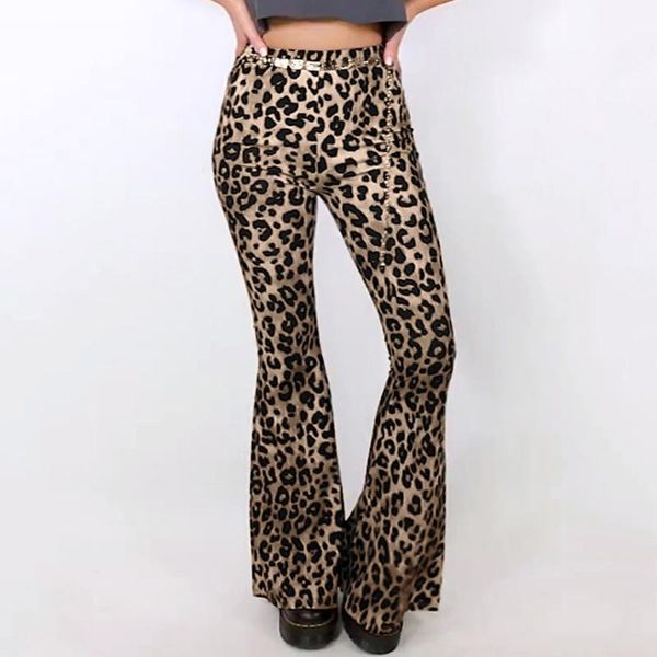 

2020 new fashion womens leopard print flared long pants stretchy high waist bell bottom wide leg basic pants pantalones#g31, Black;white