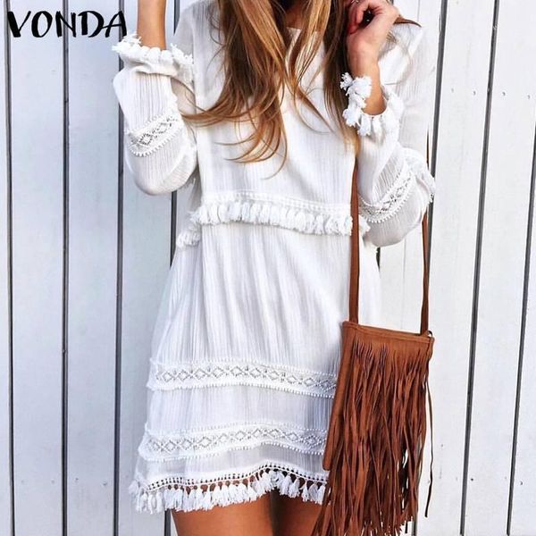 

vonda women sundress long sleeve solid tassel party mini dress 2019 autumn casual loose beach dresses plus size vestidos11, Black;gray