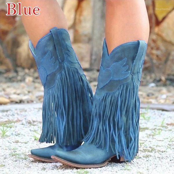 

boots 2021 women fashion mid-calf low heel bohemia style motorcycle fringed cowboy shoes spring autumn1, Black