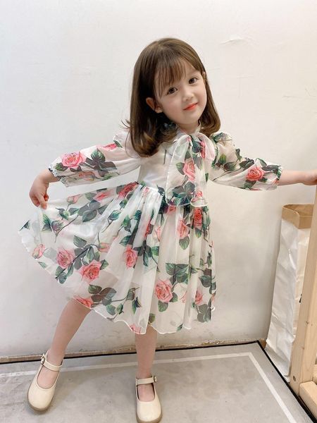 

2020 high-quality children's clothing, gauze floral dress, girl's skirt lace bow tie + cotton lining dress children's dress s, Red;yellow