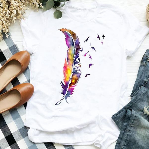 

watercolor feather print t shirt women short sleeve o neck loose tshirt women tee shirt female clothes camisetas mujer, White