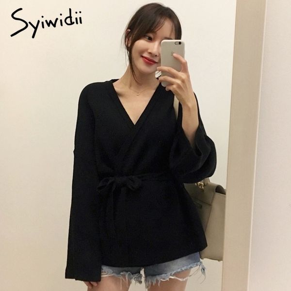 

syiwidii oversize sweaters for women cardigan belt v neck loose casual solid knit korean sashes black beige long sleeve 201203, White;black