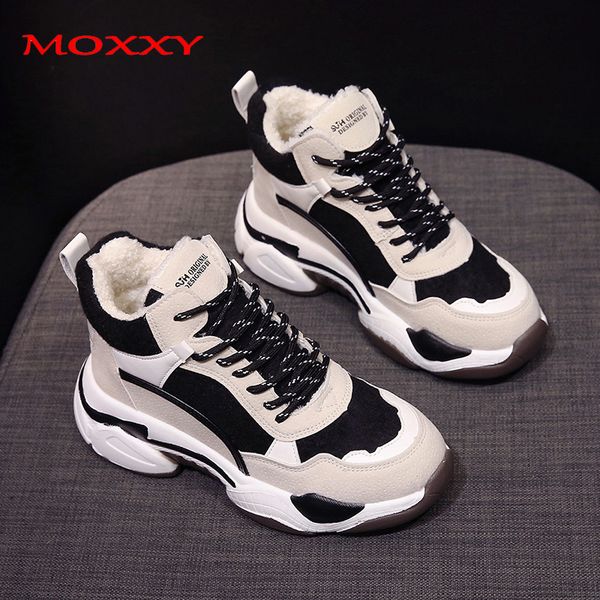 

moxxy winter high platform sneakers women 2020 new high sneakers basket femme warm plush dad chunky sneakers women shoes 1020, Black;white