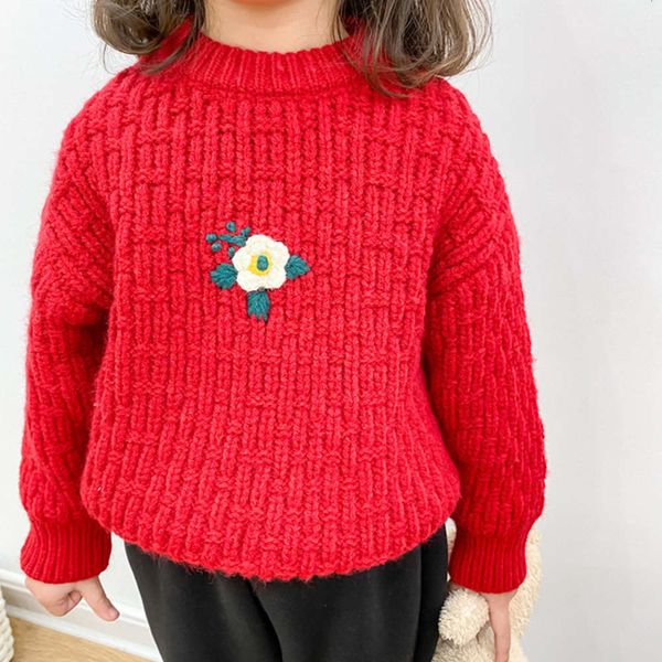 

children's red imobe sweater winter girls' wool new year's three dimensional flower knitted top, Blue