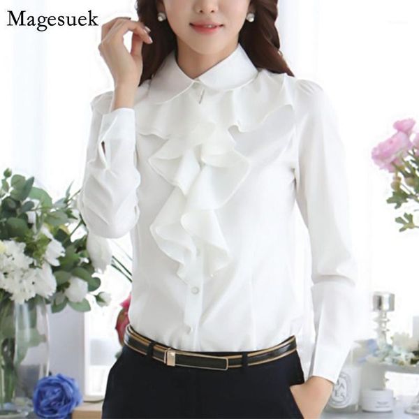 

spring long sleeve ruffles chiffon white blouse women solid casual women blouses shirts button office ladies blusas 8c811