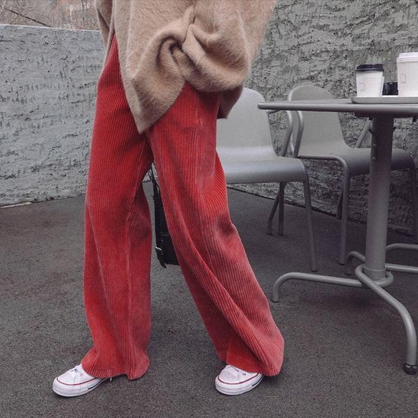 

plus size loose vintage fashion striped solid corduroy straight long pant korean women winter autumn spring trouser high waist 201103, Black;white