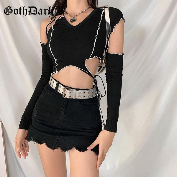 

goth dark e-girl fashion hollow out patchwork black t-shirts gothic backless lace up ruffles crop women autumn streetwear, White