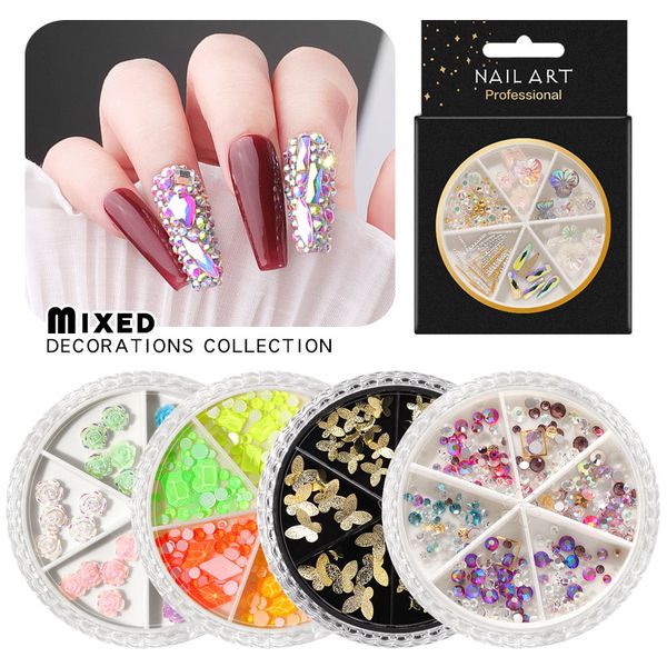 

ab crystal nail rhinestone various 3d butterfly resin rose flower ornaments natural shell flakes metal nail art decorations, Silver;gold