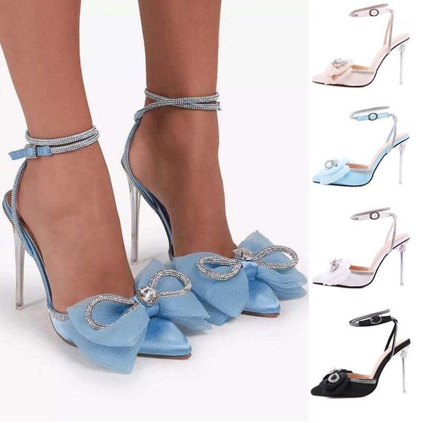 

sandals 2021 summer ladies fashion high heels bow pointed toe women's shoes buckle crystal female footwear 1, Black