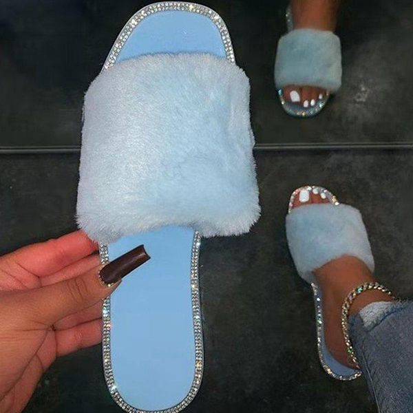 

home durable fashion new winter all-match sandals single layer furry 2021 flat non-slip large size ladies candy color slippers, Black
