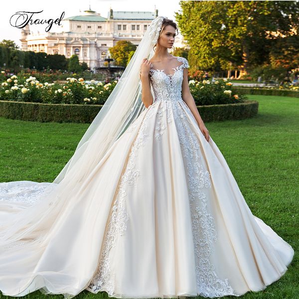 

traugel demure scoop a line lace wedding dresses applique short sleeve button bride dress cathedral train bridal gown plus size q1113, Black