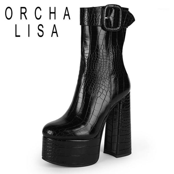 

orchalisa women ankle boots new 2021 square toe 14cm block high heels faux genuine leather zip buckle big size 42 casual c22901, Black