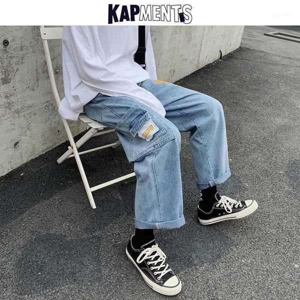 

men's jeans kapments men drawstring baggy 2021 mens patch pocket korean streetwear straight denim pants male high waist trousers1, Blue