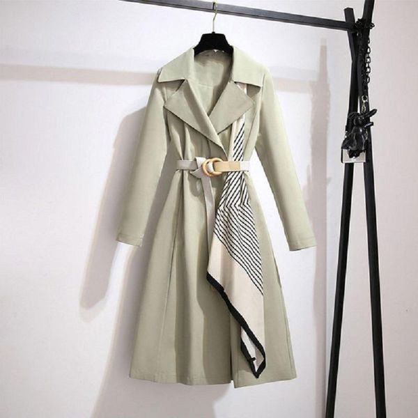 

airgracias winter woman coats 2021 unique silk scarf design with belt chic trench coat casual light green temperament overcoat, Tan;black
