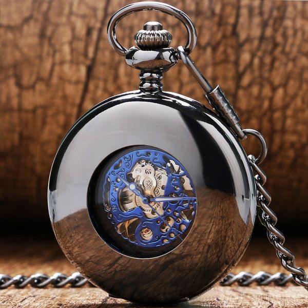 

classical steampunk black smooth case hollow mechanical hand wind pocket watch royal blue skeleton men women pendant fob chain t200502, Slivery;golden