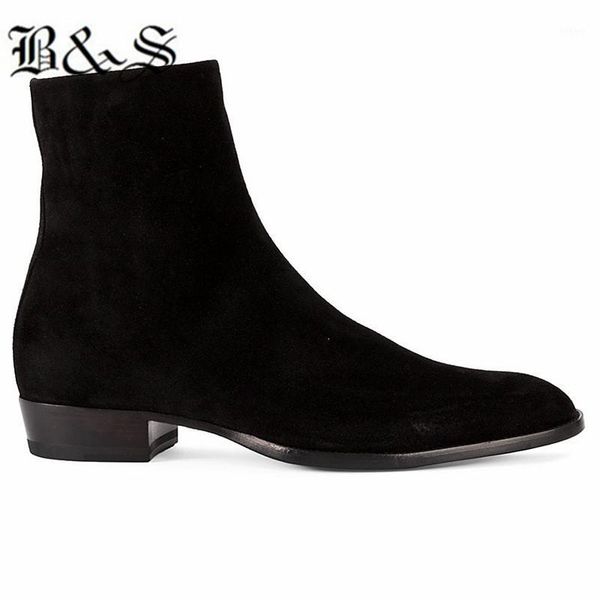 

black& street real picture full genuine leather black suede men slim fit men pointed toe wedge boots1