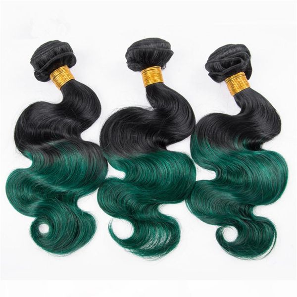 

malaysian dark green ombre human hair bundles body wave wavy weave wefts dark roots #1b green ombre human hair weave bundles tangle free, Black