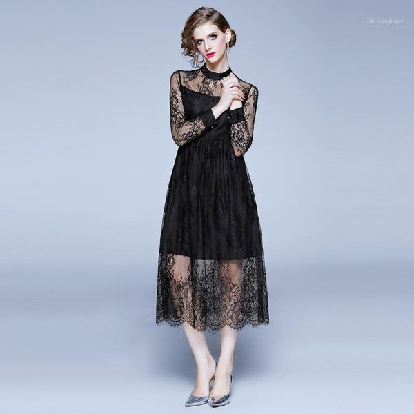 

ladies elegant party dresses new arrival 2020 spring fashion stand collar a-line luxury women black lace long dress x0221, Black;gray