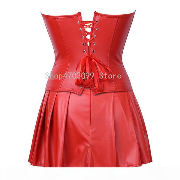 

women lace up back red corset dress steampunk faux leather waist cincher zipper bustier with mini skirt plus, Black;white