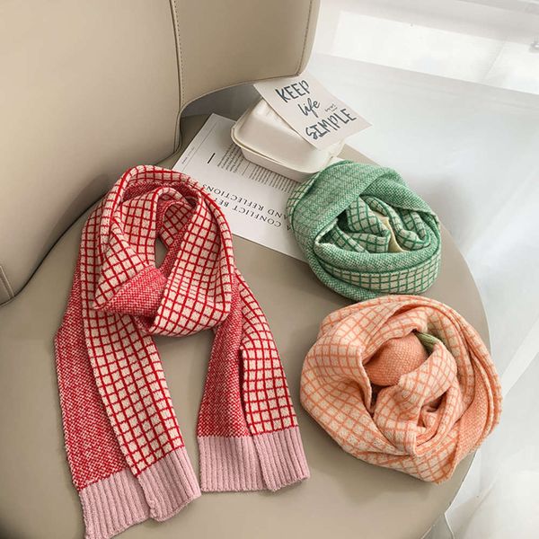 

children's color south matching korea ins check knitting scarf winter baby outdoor warm wool collar tide 30os, Red;brown