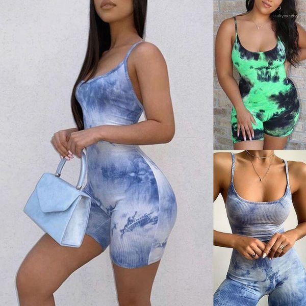 

women's jumpsuits & rompers women spaghetti strap bodycon jumpsuit 2021 gradient tie-dye print shorts romper backless bandage summer pl, Black;white
