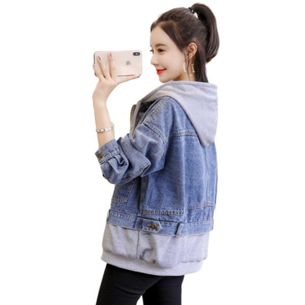 

2020 denim jacket women false two pieces clothes spliced beharajuku riverdale streetwear chaqueta mujer veste femme jackets, Black;brown