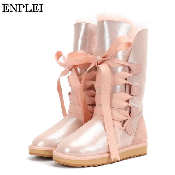 

enplei snow boots women sheep wool fur shoes waterproof winter boots for female knee-high genuine leather size 34-43, Black