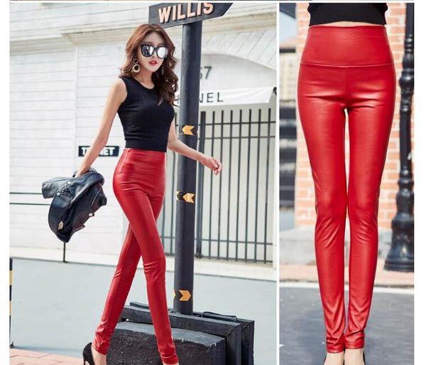 Yeni Tasarım Moda Kadınlar Artı Kadife Sıcak Seksi Vücut Tunik Yüksek Bel PU Deri Şeker Renk Kalem Pantolon Uzun Pantolon Smlxlxxl
