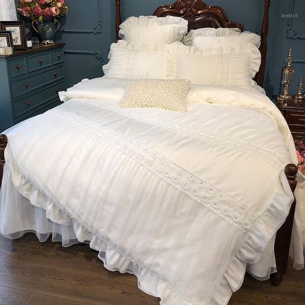 

30beige cream white lace princess duvet cover bed set 4/6pcs girls egyptian cotton bedding set quilted cotton bed skirt1