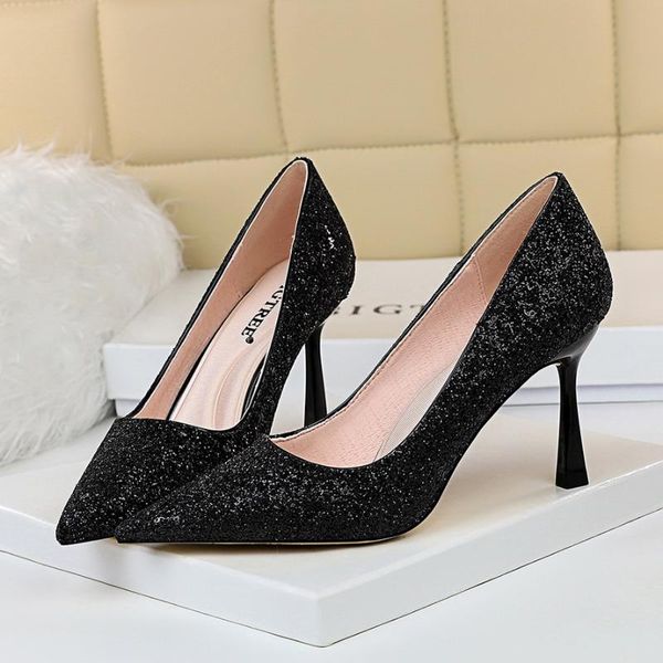 

european and american style high-heeled shoes wedding shoes wine glasses with high-heeled shallow mouth pointed slim thin s, Black