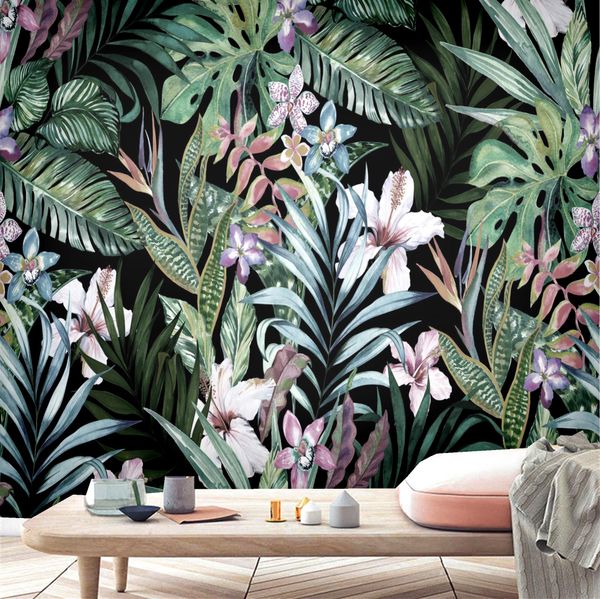 

wallpaper al-mulk custom wallpaper mural self-adhesive black background flower leaf forest fq226 pastoral interior decoration 3d