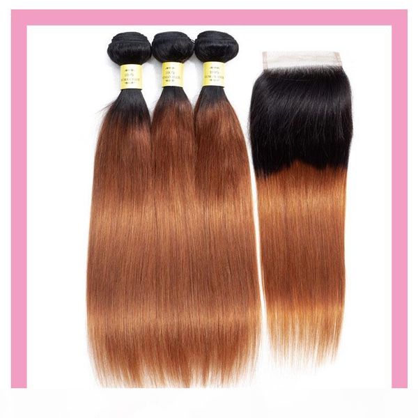 

brazilian virgin hair 1b 30 ombre human hair extensions 3 bundles with 4x4 lace closure midlle three part straight hair 4 pieces lot, Black;brown