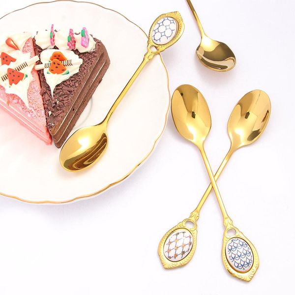

stainless steel spoons inlay ceramic handle coffee scoop vintage gold color dessert spoon elegant fashion cake scoop h jlletz
