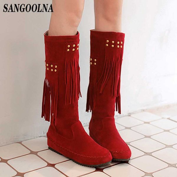 

winter women boots fashion rivets tassel long boot casual shoes slip-on autumn winter shoes women zapatos de mujer 2020, Black