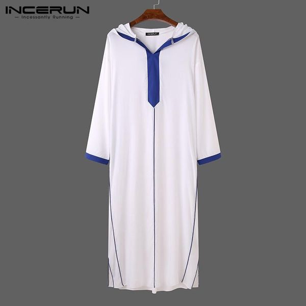 

incerun men muslim islamic arabic kaftan patchwork dubai abaya middle east robes hooded loose casual long sleeve men jubba thobe, Red