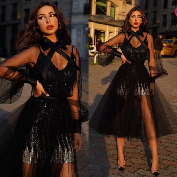 

setwell a-line evening dresses long sleeves sequins tea length pleated tulle black prom party gowns custom made, Black;red