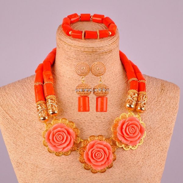 

fashion flower necklace nigeria orange coral jewelry set african wedding bridal jewelry sets for women t200507, Slivery;golden