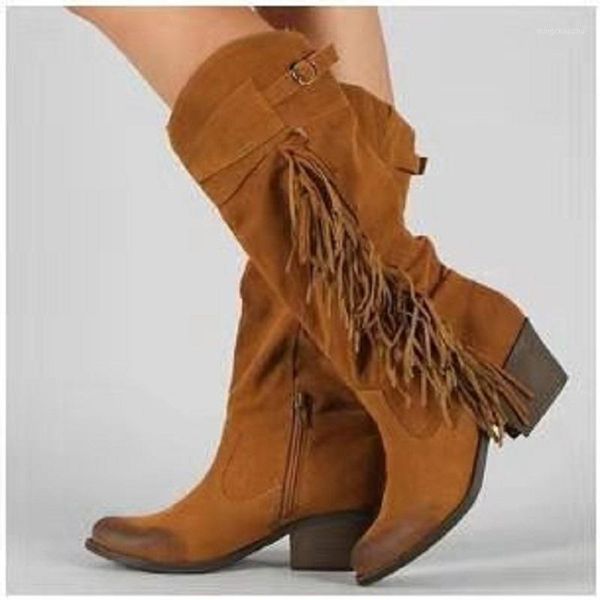 

boots winter women knee high tassel platform heels vintage ladies shoes western punk riding1, Black