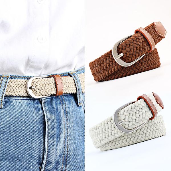 

men women kniited pin buckle canvas belt casual woven canvas elastic belt braided stretch belts student webbing strap waistband, Black;brown